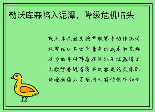 勒沃库森陷入泥潭，降级危机临头