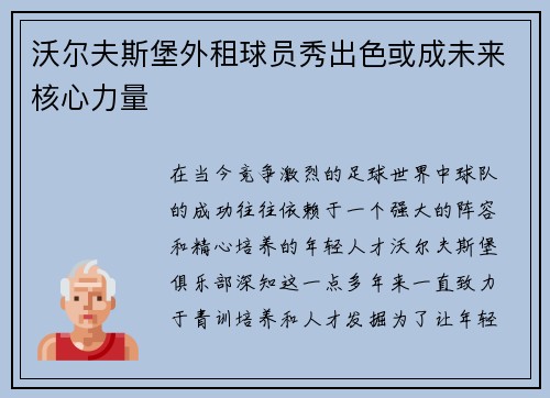 沃尔夫斯堡外租球员秀出色或成未来核心力量